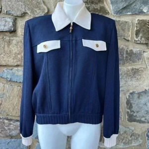 St. John Navy Marie Gray Ivory Zipper Knitted Sweater Cardigan size M